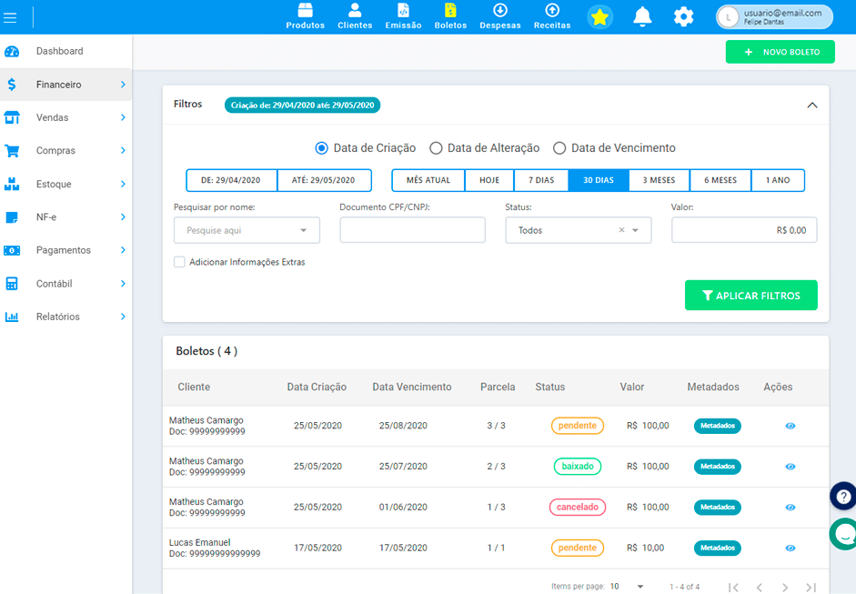 Exemplo de tela do sistema de emissão de boleto bancário